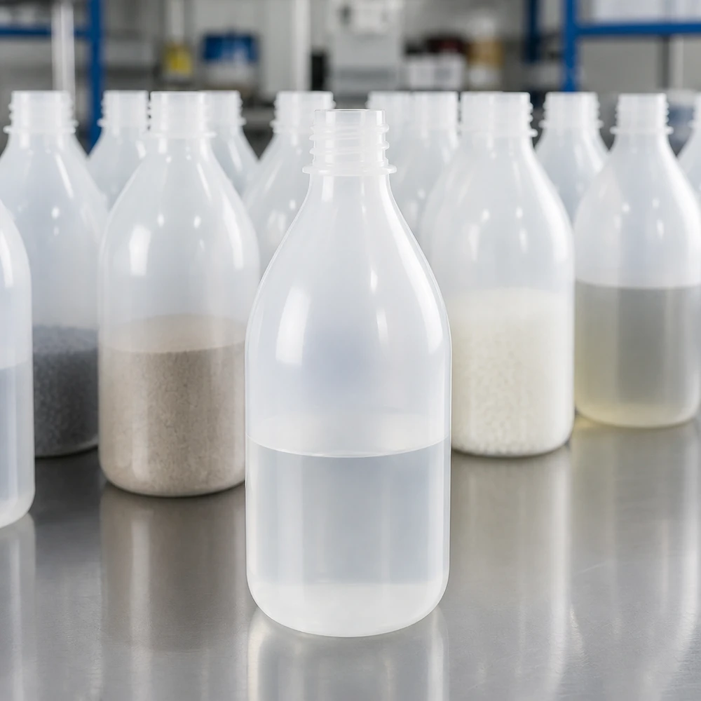 Conjunto de frascos transparentes de 100 ml, de gargalo estreito e sem tampa, com várias amostras de pó no laboratório