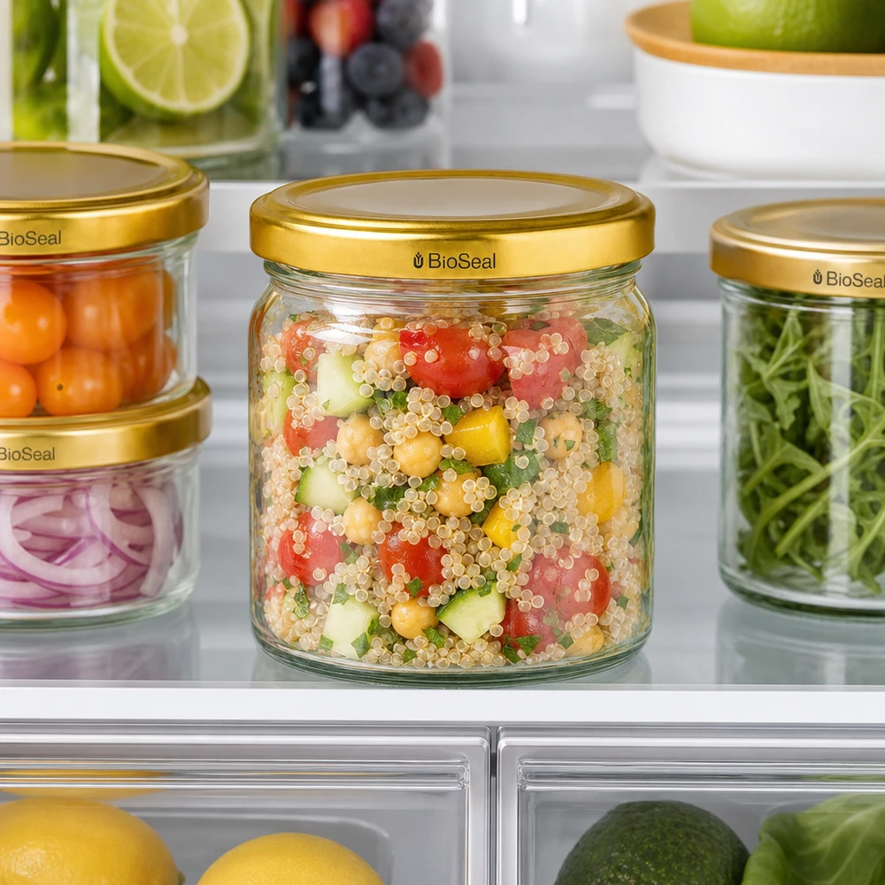 Frasco redondo de 408 ml com tampa dourada UNiTWIST BioSeal UNiTWIST Runda408 Vorratsgläser mit goldenen TO82 BioSeal Deckeln im Kühlschrank - praktische Aufbewahrung von Salat