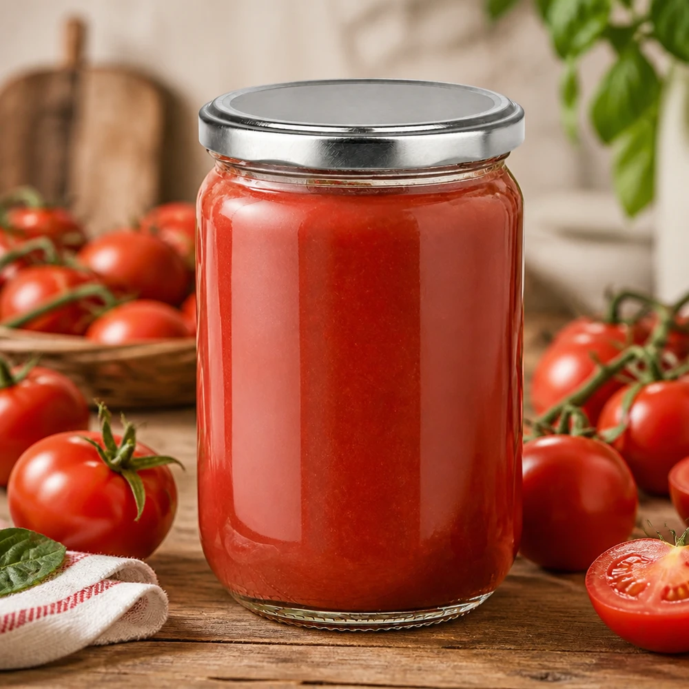 Frasco redondo de vidro de 555 ml + tampa BasicSeal prateada UNiTWIST Frasco redondo de vidro UNiTWIST de 555 ml, cheio de molho de tomate vermelho e com tampa BasicSeal prateada
