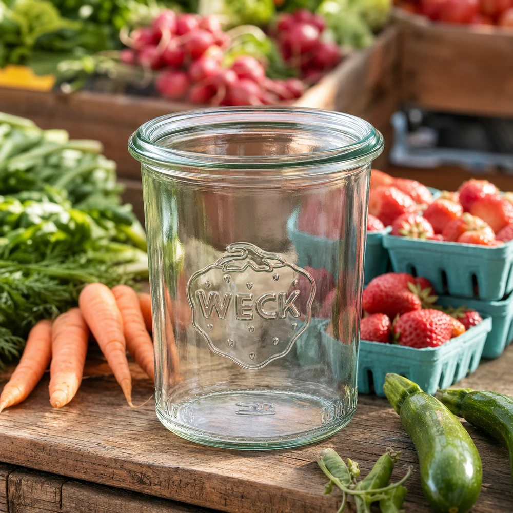 Copos de vidro transparente WECK de 160 ml RR60 numa mesa de madeira rodeada de frutas e legumes frescos