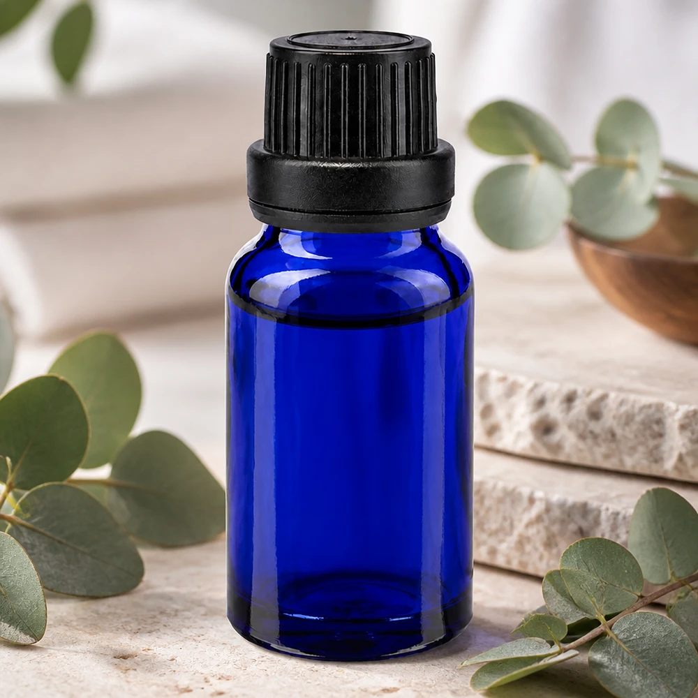 Frasco de farmácia azul 10ml tampa do conta-gotas derramando anel 2mm preto tampa inviolável Frasco de vidro azul cobalto de 10 ml com tampa de rosca preta e anel de segurança para cosméticos naturais