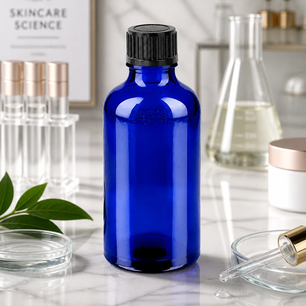 Frasco de vidro BlueLine de 50 ml com proteção UV e design ergonómico para aplicações laboratoriais