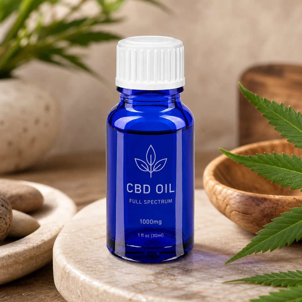 Frasco conta-gotas azul de 10 ml, em vidro de farmácia, com tampa de rosca branca para óleo de CBD