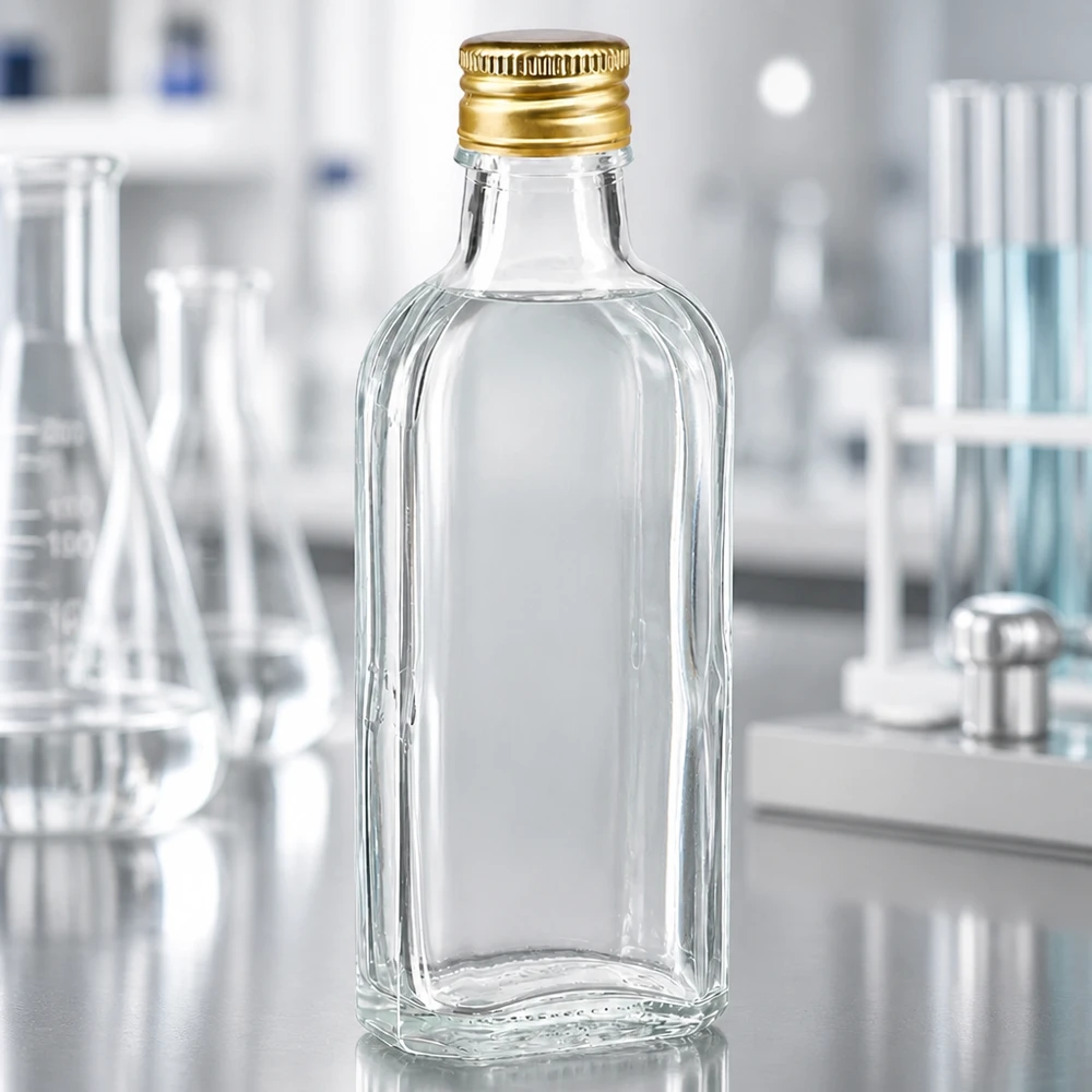 Frasco de vidro Meplat transparente de 100 ml com tampa de rosca de alumínio dourada PP22 sobre a mesa de laboratório