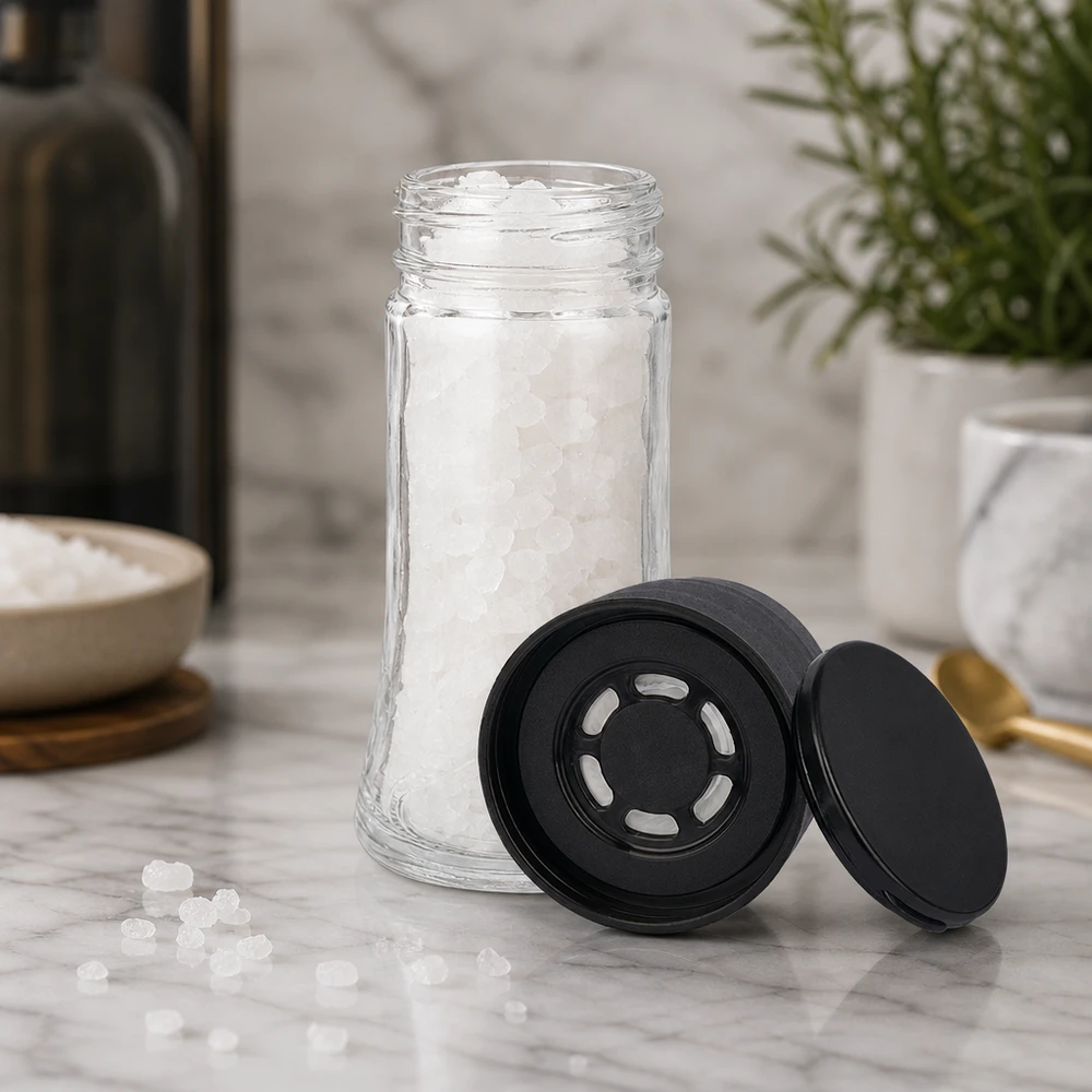 Frasco para sal/especiarias de 95 ml com moinho (grão grosso), preto Copo de vidro salgado transparente de 95 ml com moinho de pimenta preto e tampa aberta sobre uma superfície de mármore