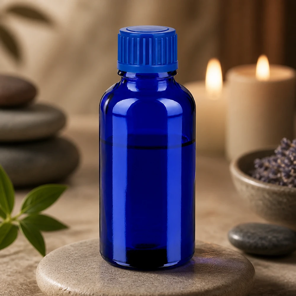 Frasco de vidro compacto de 30 ml em azul intenso para guardar as essências em segurança