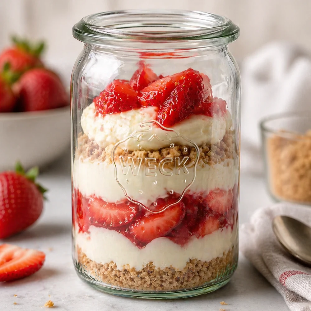 Frasco cilíndrico de 145ml WECK RR40 Frasco cilíndrico WECK RR40 de 145 ml como frasco de sobremesa com morangos, natas e granulado sobre a bancada da cozinha