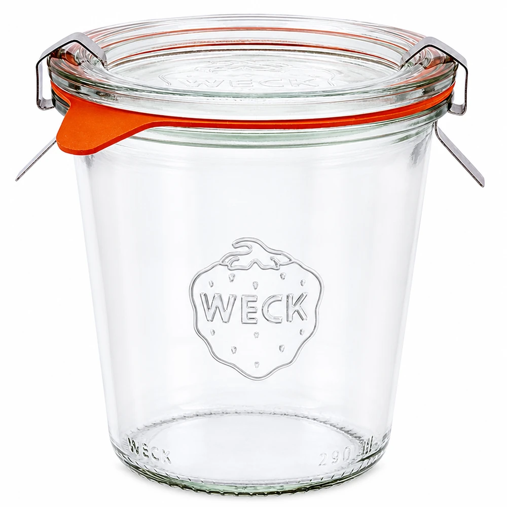 Copos WECK de 290 ml de altura RR80 com tampa de vidro, anel de borracha e pinças para cozer e conservar