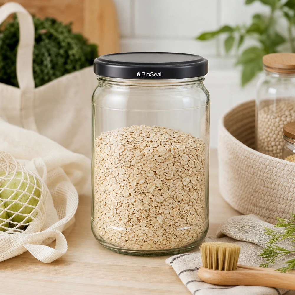 Frasco redondo de 305 ml + tampa BioSeal preta UNiTWIST UNiTWIST Runda305 Vorratsglas mit Haferflocken gefüllt zeigt praktische Küchenorganisation mit schwarzem BioSeal Deckel