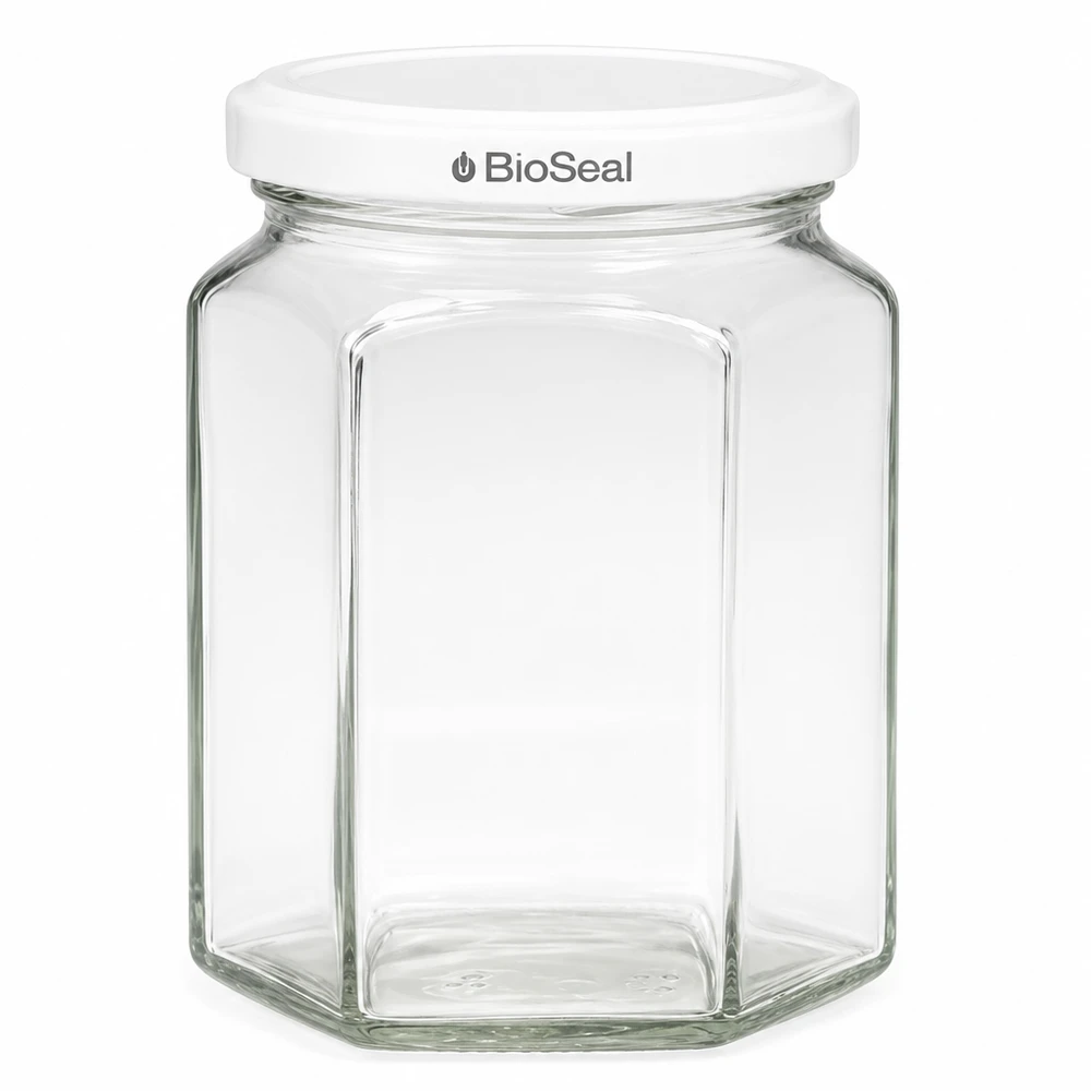 Frasco de conserva hexagonal UNiTWIST Hexa288 com tampa branca TO63 BioSeal para compotas e conservas