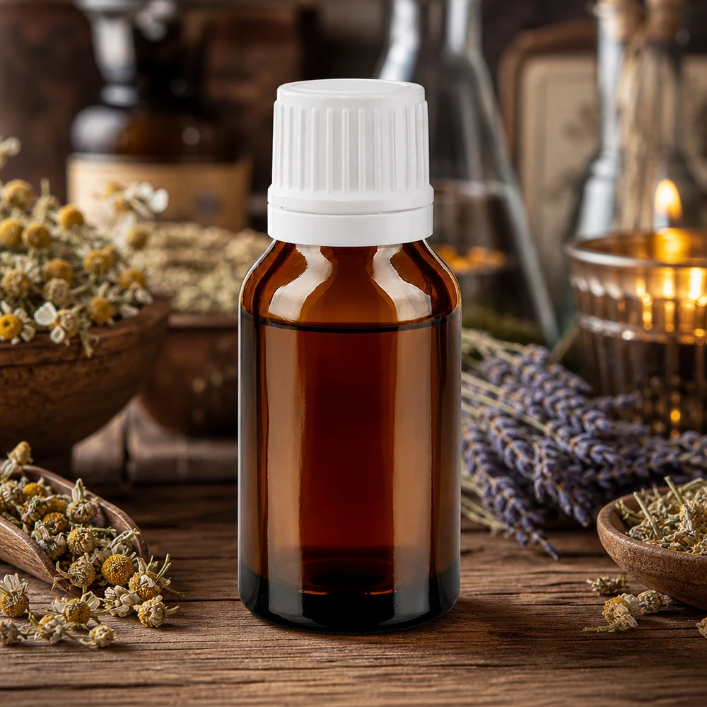 Frasco de óleo essencial de 15 ml em vidro castanho com tampa conta-gotas branca, ao lado de camomila e lavanda secas