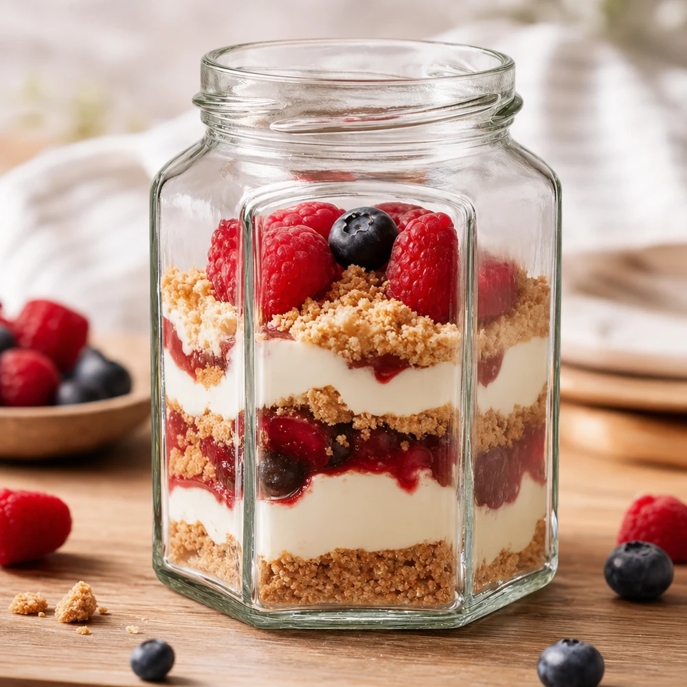 Frasco hexa de 288ml sem tampa (TO63) UNiTWIST Sechseckiges Einmachglas 288ml mit Dessert-Schichtung aus Beeren und Creme - perfekt für Mason Jar Rezepte und Aufbewahr
