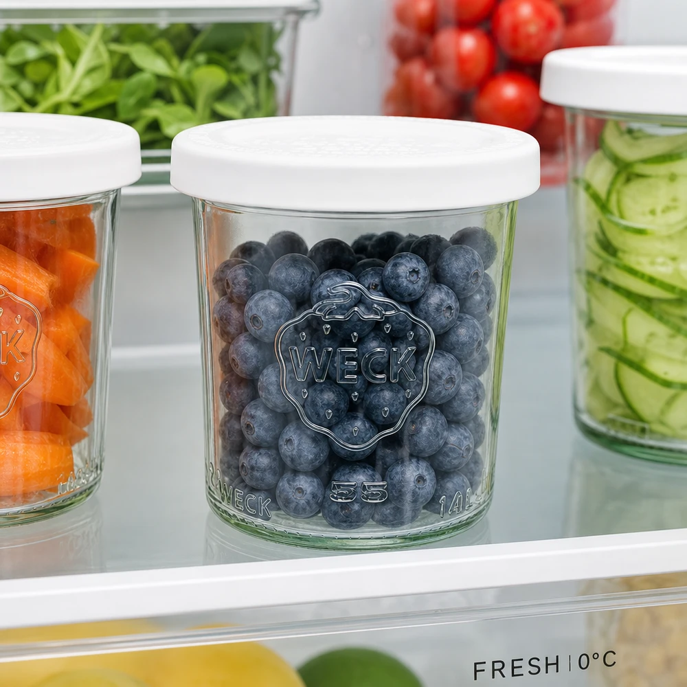 Frasco de vidro de 140 ml com tampa hermética WECK RR60 Copos WECK 140ml RR60 com mirtilos no frigorífico - ideais para manter a fruta e os alimentos frescos