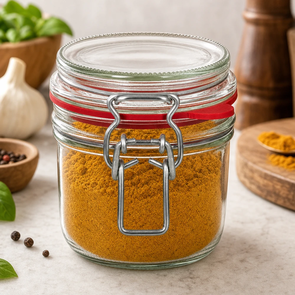 Frasco de conserva de 255 ml, tipo G, com tampa de fecho de alça UN.. 255ml Bügelverschluss-Glas gefüllt mit Kurkuma-Gewürzpulver in moderner Küche mit Kräutern und Gewürzen