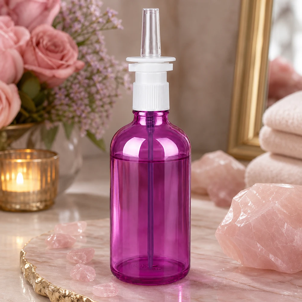 Frasco de spray nasal de 100 ml branco/transparente padrão PurpleLine UT18/100 Frasco de spray nasal compacto de 100 ml num elegante design roxo com um prático pulverizador de bomba para uso doméstico