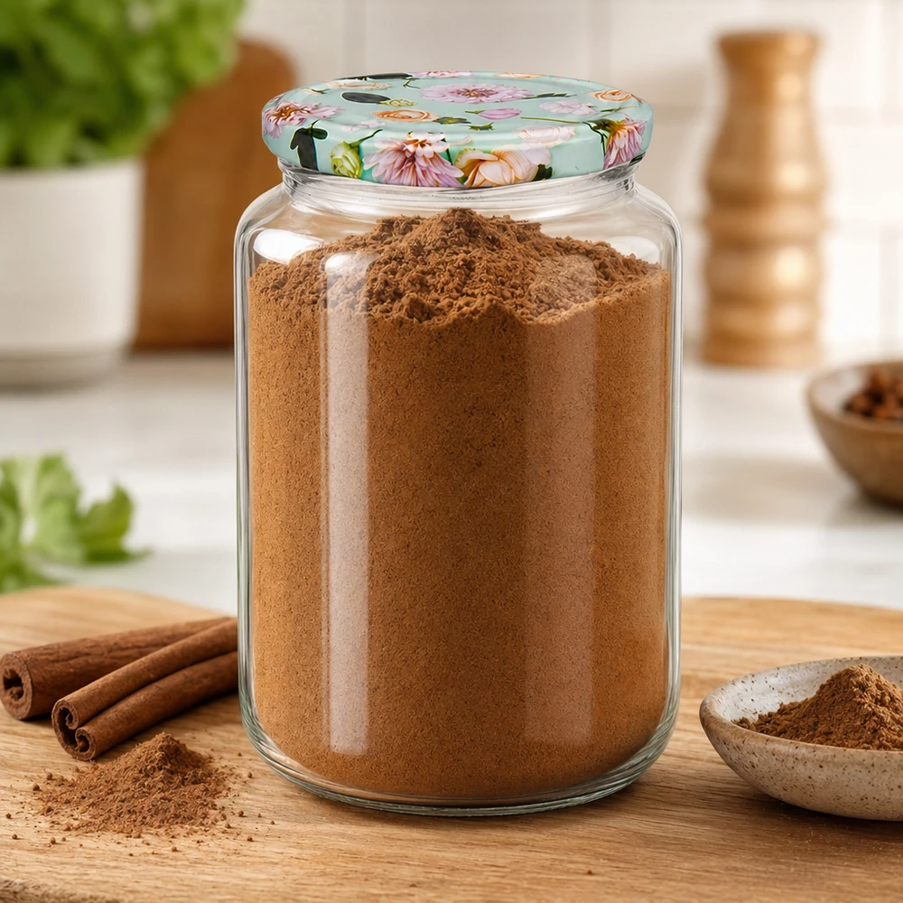 Frasco redondo de 795 ml com tampa em forma de flor de hortelã, cheio de canela em pó, paus de canela e taça numa tábua de madeira ao lado