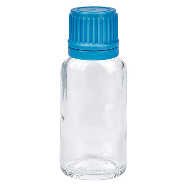 Frasco de 20 ml com tampa de rosca de 11 mm azul com fecho inviolável ClearLine UT18/20 Frasco de 20 ml com tampa de rosca de 11 mm azul com fecho inviolável ClearLine UT18/20