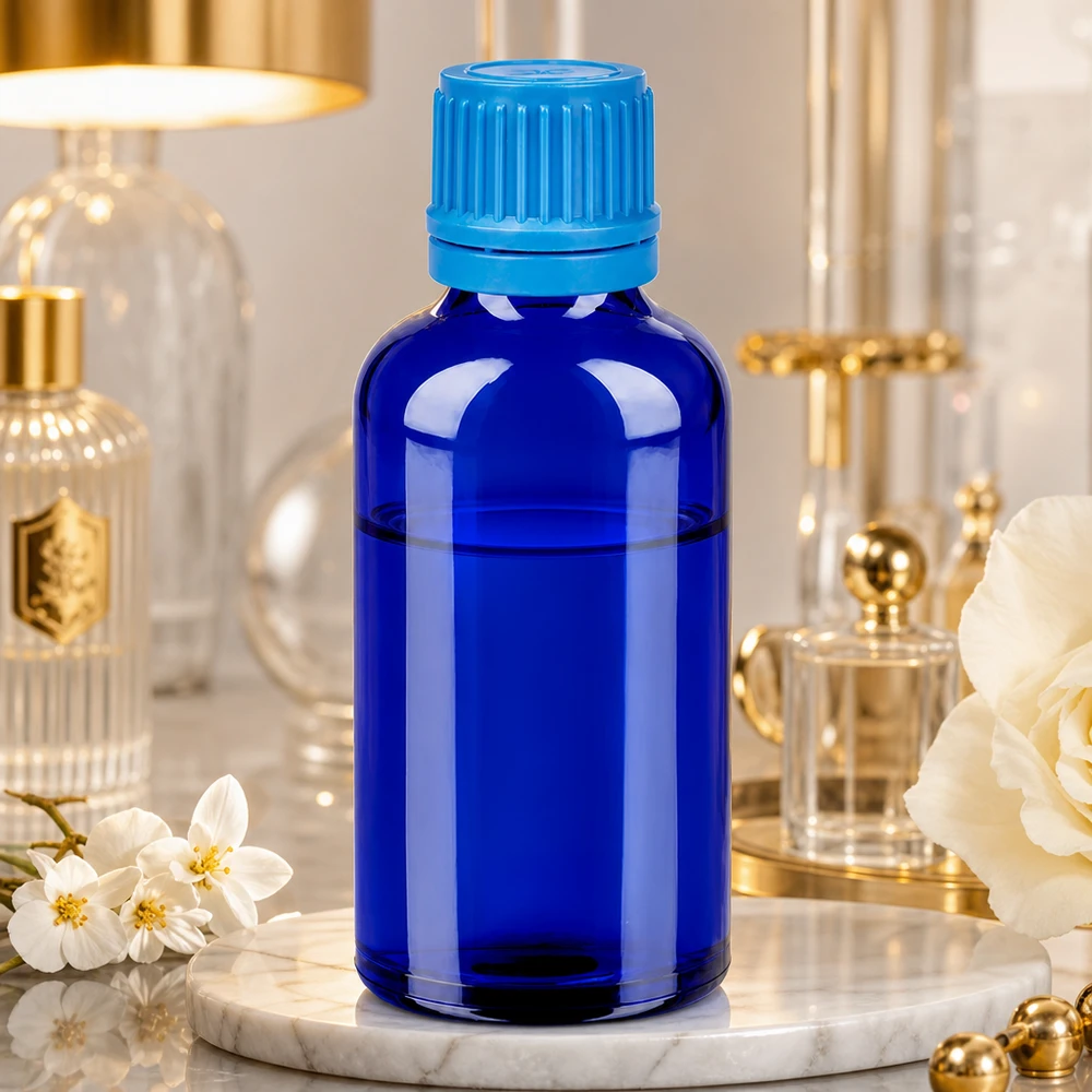 Frasco de vidro azul de 50 ml com tampa de rosca turquesa ideal para séruns e tinturas cosméticas