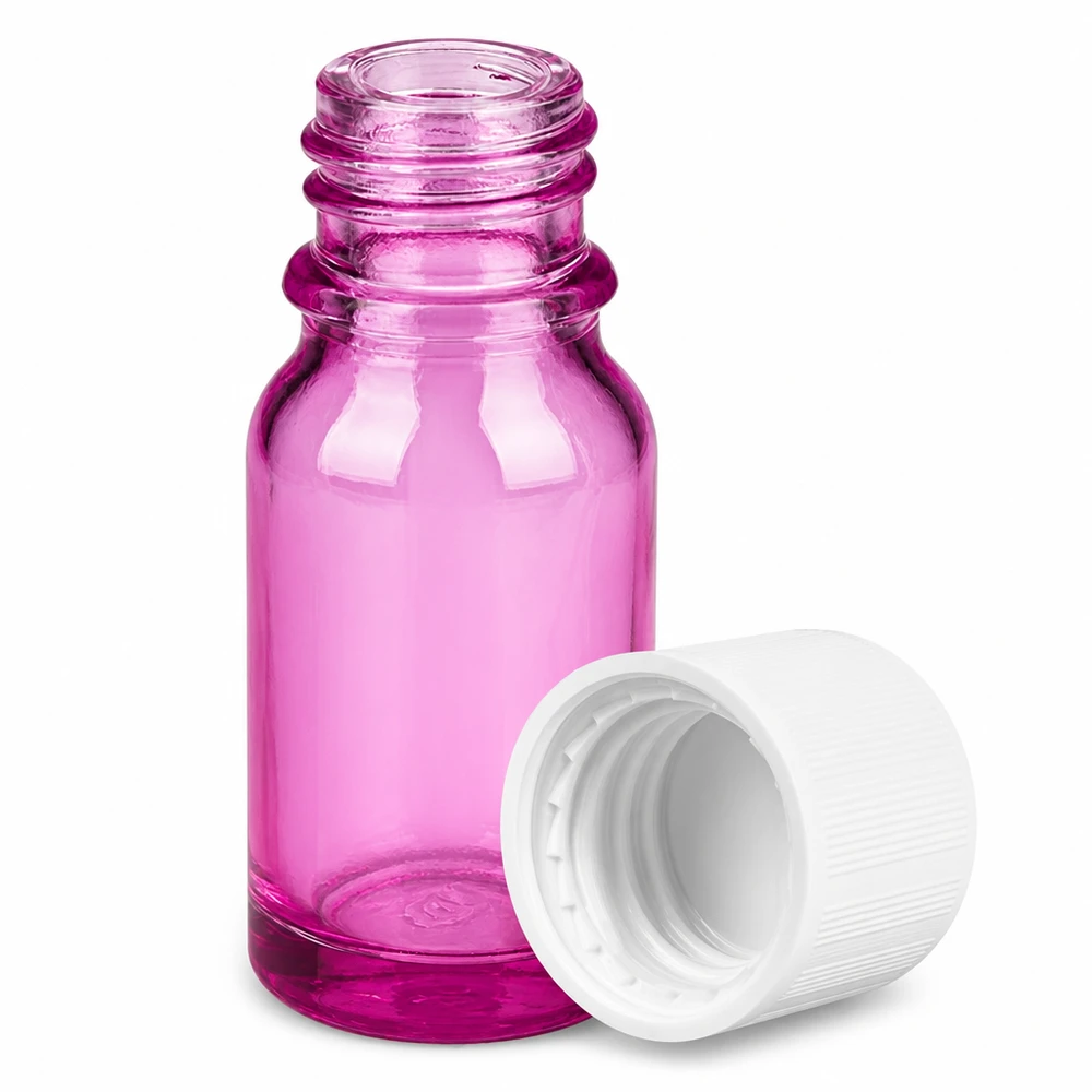 Pequeno frasco de vidro violeta de 10 ml com abertura de 11 mm e tampa branca para aromaterapia