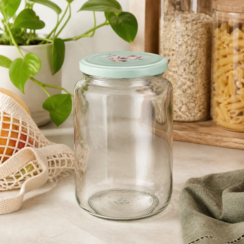 Frasco redondo de 795 ml com tampa em forma de coração BasicSeal de menta no balcão da cozinha, ao lado de recipientes de arrumação e de uma planta verde
