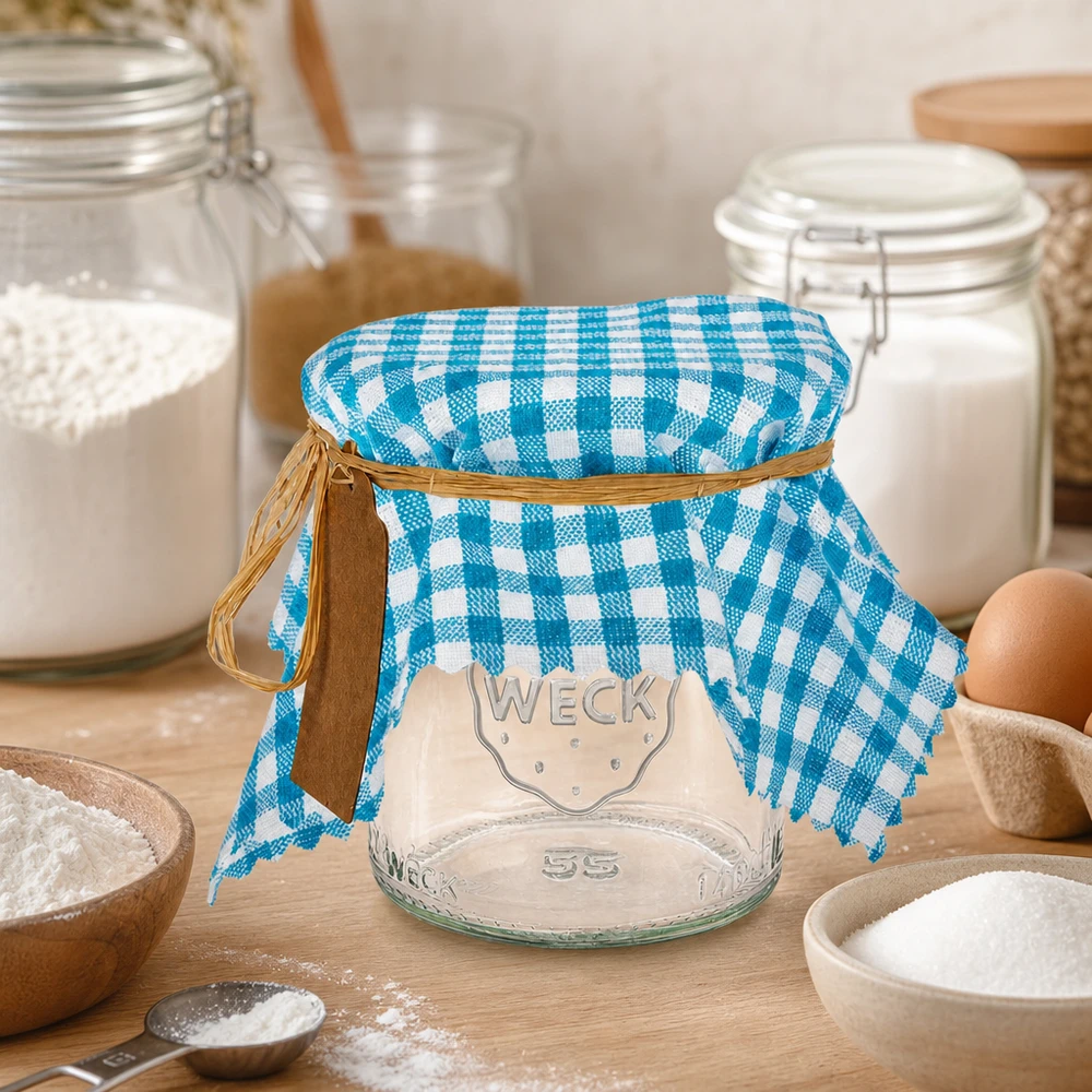 Guardanapo de tecido axadrezado turquesa na cozinha com frasco, farinha e ingredientes de pastelaria como equipamento de cozinha