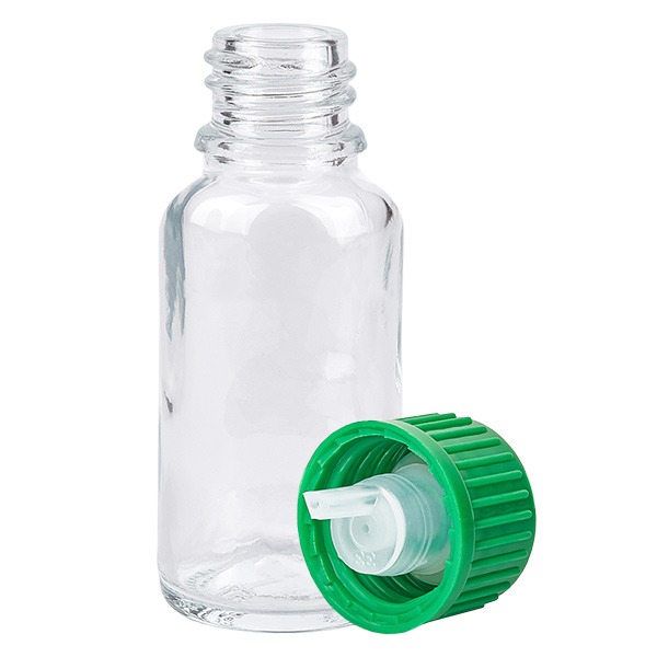 Frasco conta-gotas de 20 ml com tampa standard verde de 0,8 mm ClearLine UT18/20 Frasco conta-gotas de 20 ml com tampa standard verde de 0,8 mm ClearLine UT18/20