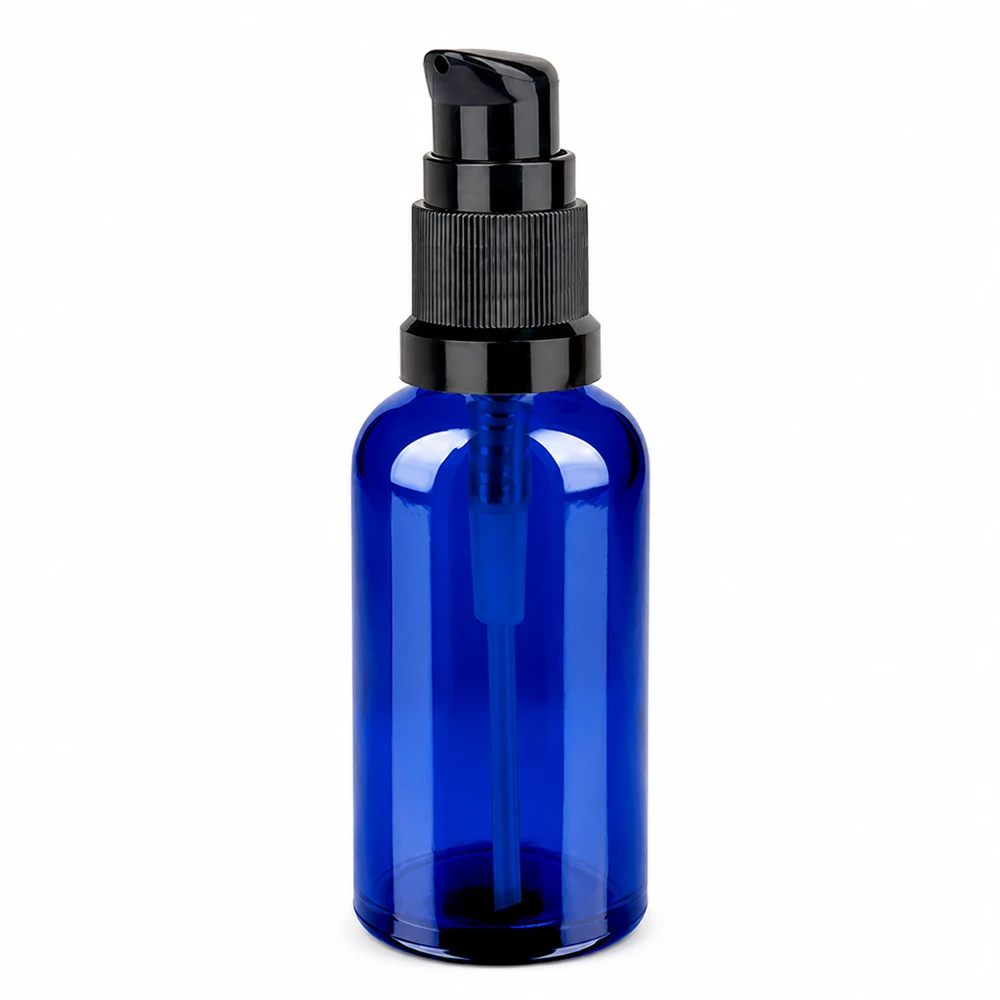 Frasco de vidro azul de 50 ml com doseador preto para cosméticos e cuidados da pele STD BlueLine UT18/50