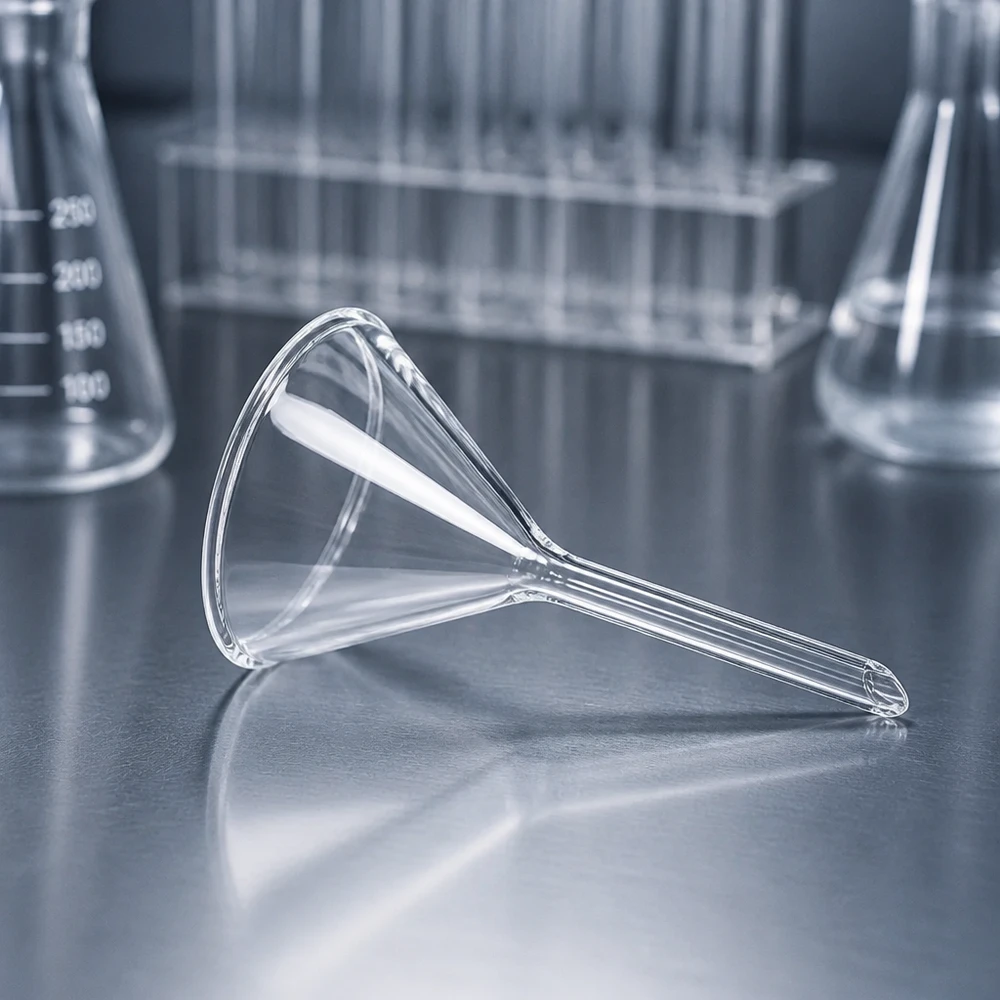 Funil ø45mm borosilicato ângulo 60 estilo curto Funil em vidro borossilicato resistente ao calor com 45 mm de diâmetro para uma decantação laboratorial segura