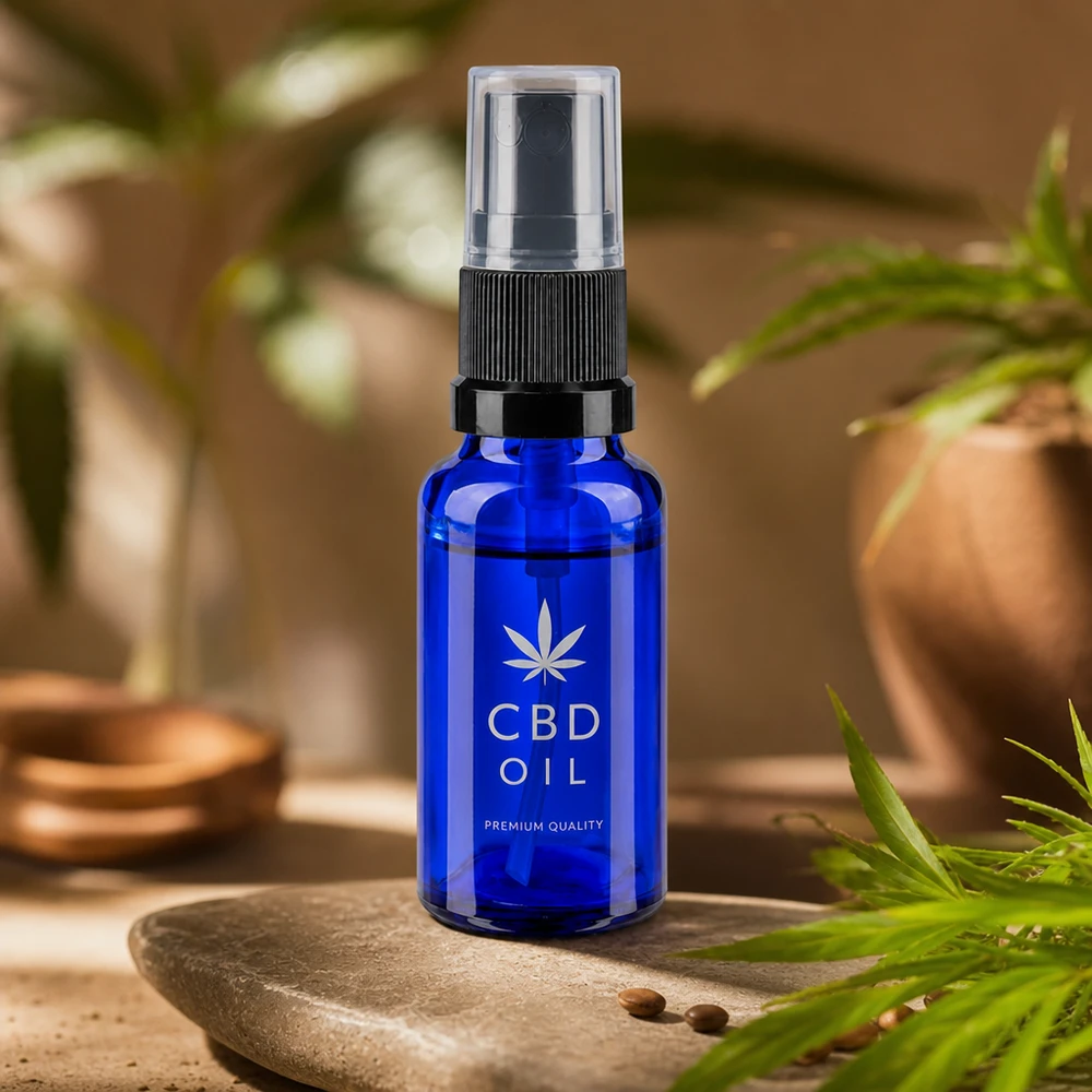 Frasco de 20 ml em vidro azul de farmácia com bomba pulverizadora para óleo de CBD e cosméticos naturais