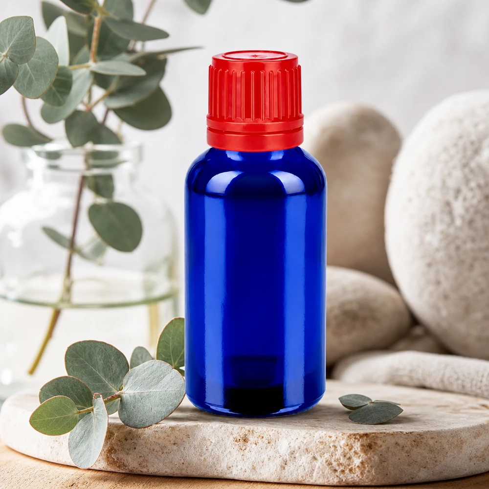 Frasco de vidro compacto de 30 ml da série BlueLine com tampa vermelha para aplicações móveis