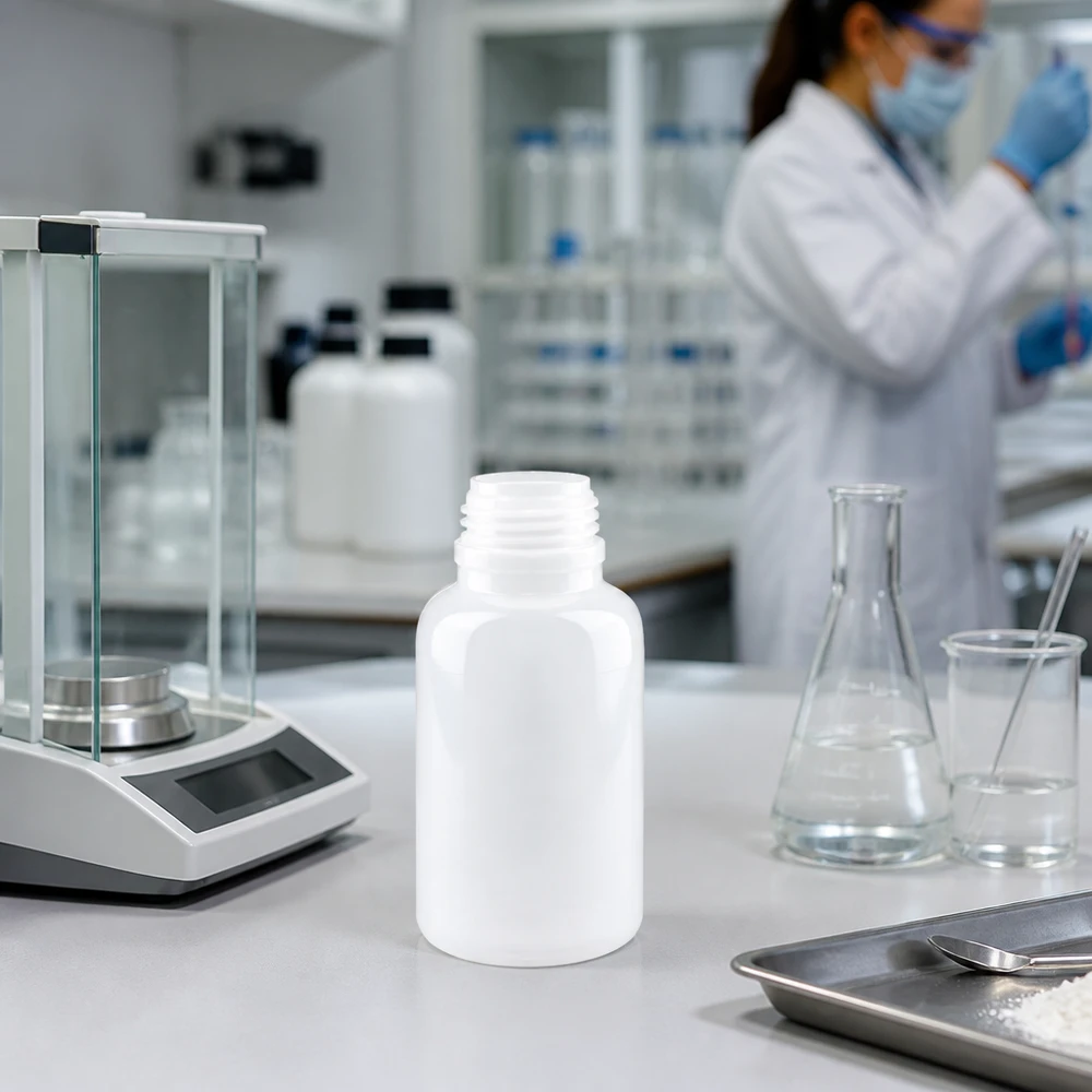 Frasco de laboratório redondo de 250 ml, de gargalo largo e sem tampa, junto à balança analítica num laboratório de investigação