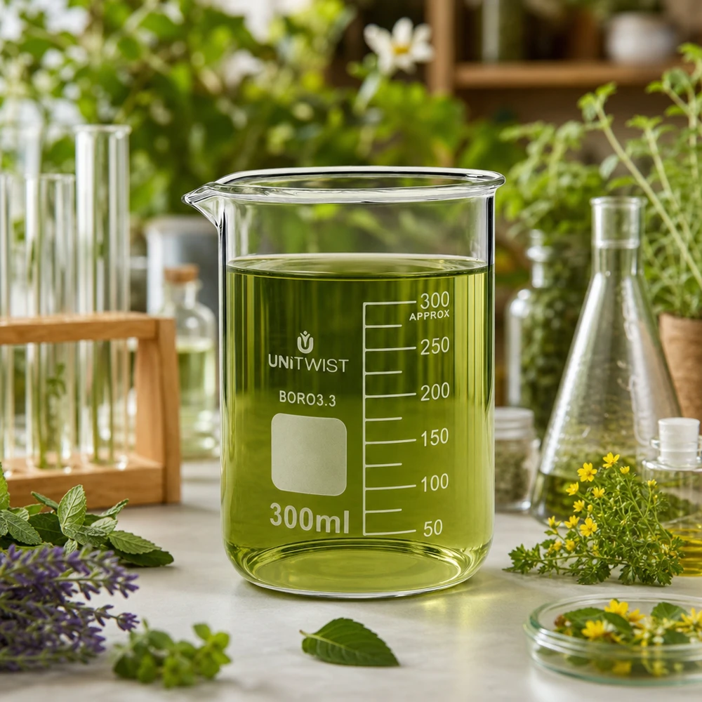 Copo de vidro de 300 ml UNiTWIST com extrato de ervas verdes, rodeado por ervas medicinais frescas no laboratório