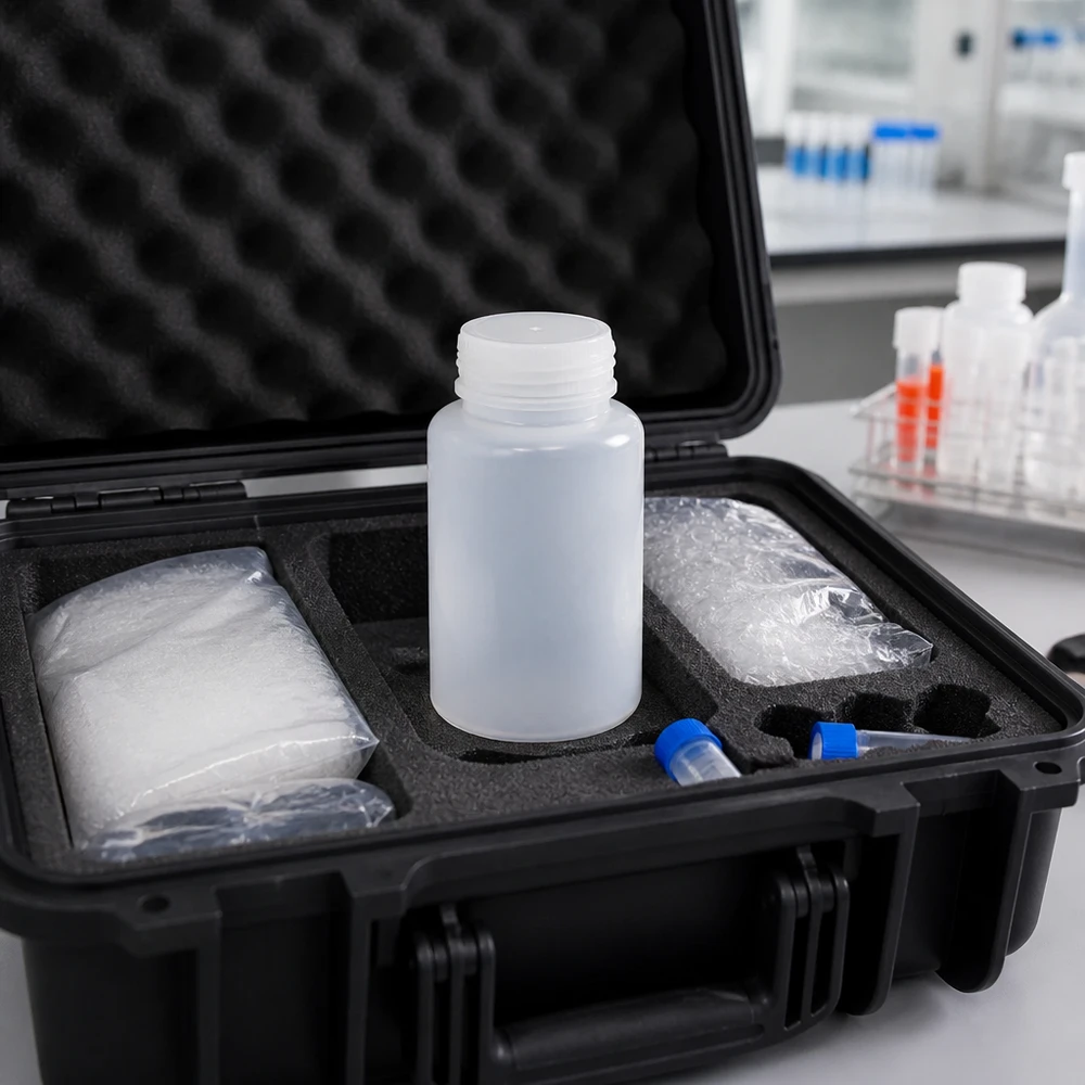 Frasco de laboratório de 1000 ml com gargalo largo e sem tampa Frasco de laboratório de gargalo largo de 1000 ml, sem tampa, numa mala de transporte preta com forro de espuma