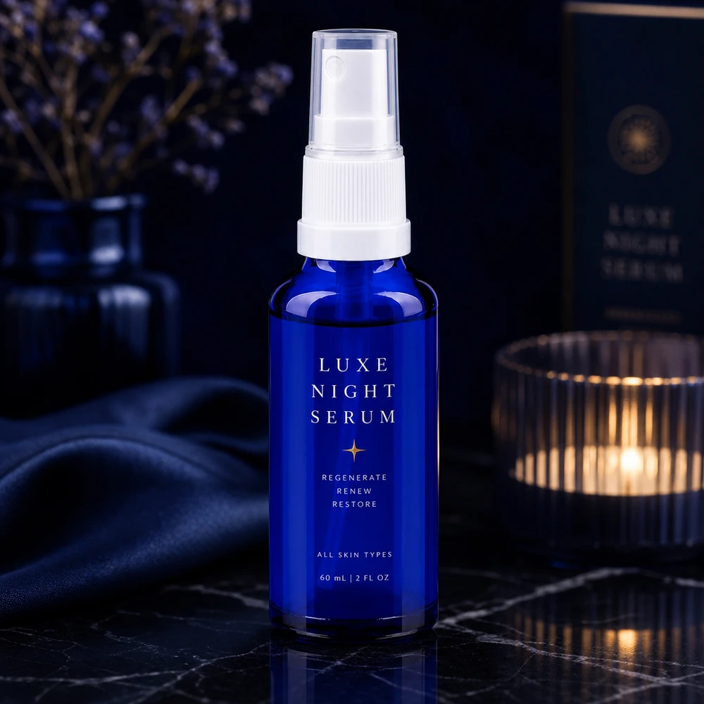 Frasco de vidro de farmácia azul de 60 ml com pulverizador branco, utilizado como embalagem de um sérum noturno sobre fundo de mármore