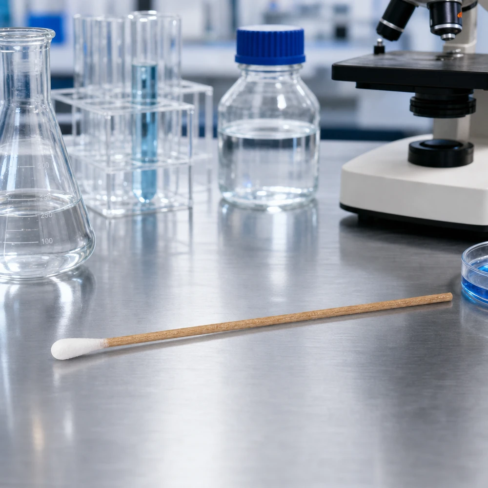Cotonetes não esterilizados com cabo de madeira no laboratório, ao lado de um frasco de Erlenmeyer e de um microscópio, sobre uma mesa de aço inoxidável