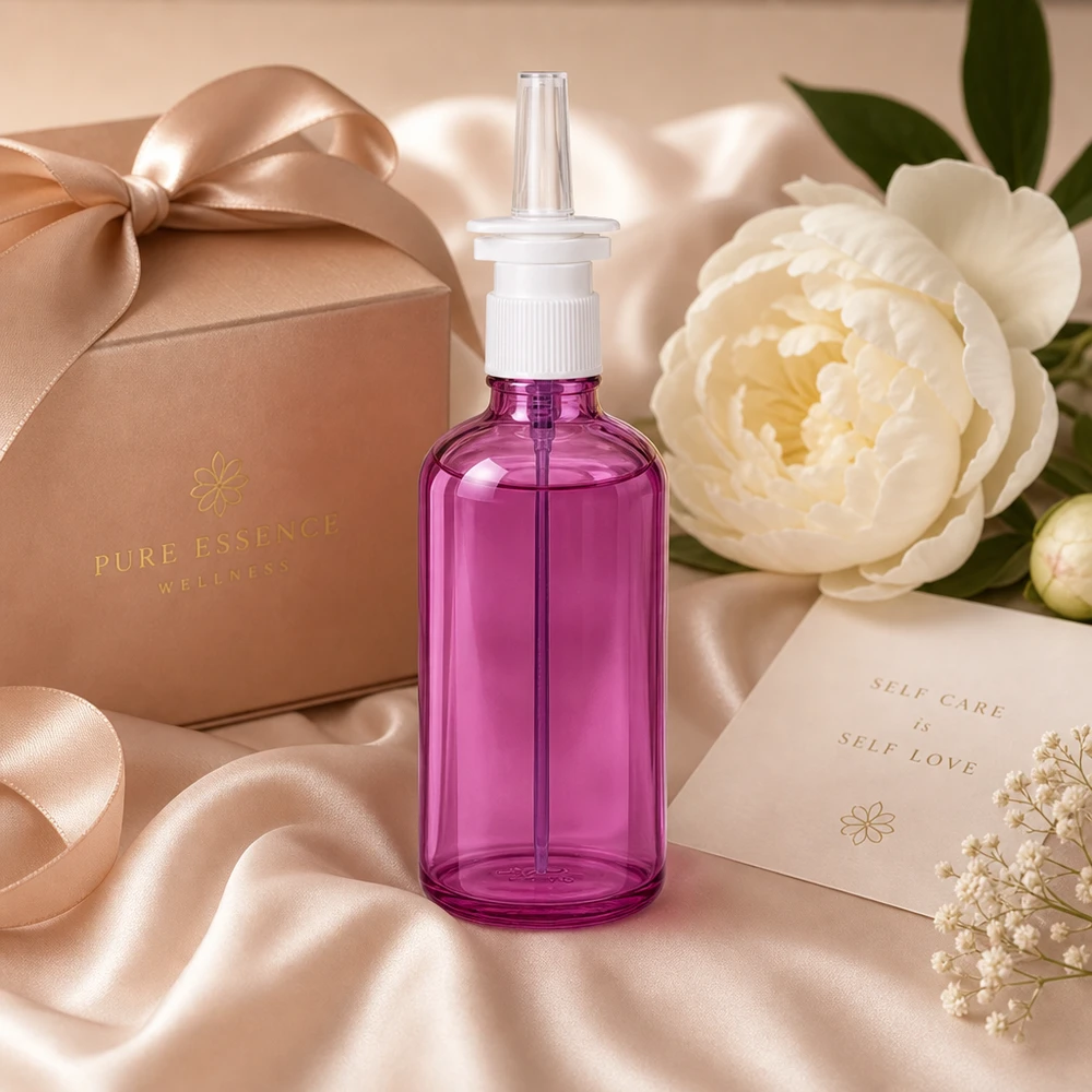 Frasco de spray nasal elegante de 100 ml em roxo brilhante com design ergonómico para fácil manuseamento