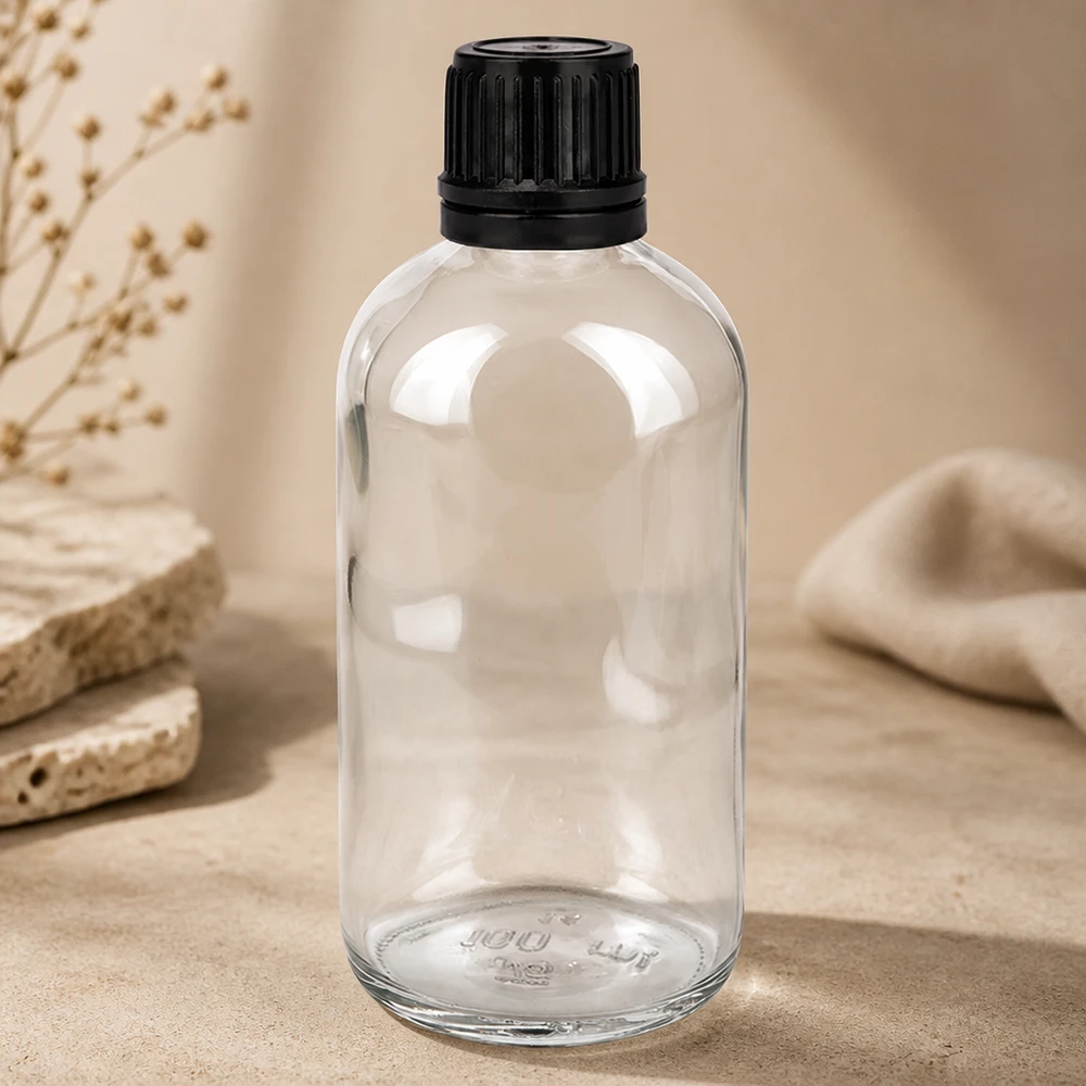 Frasco de farmácia de 100 ml em vidro transparente com tampa de rosca de segurança para crianças, na cor preta