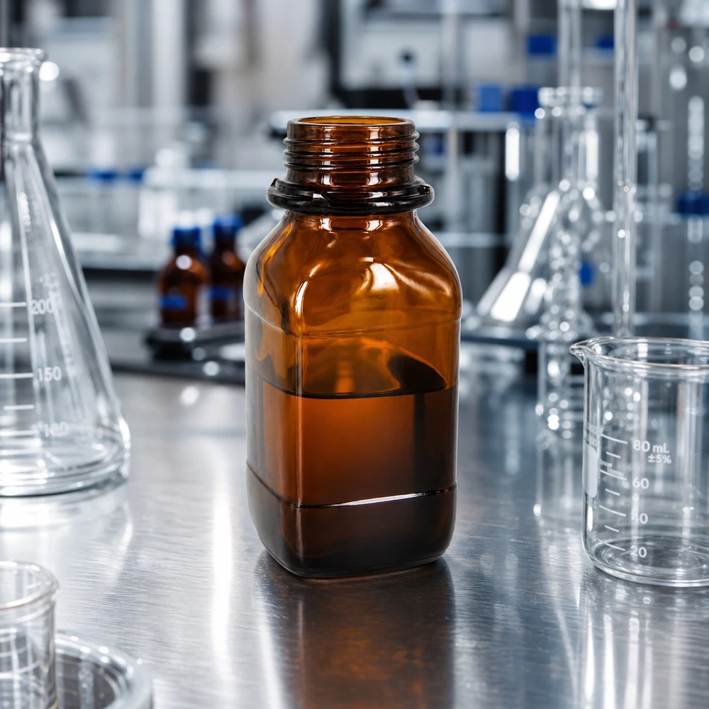 Frasco químico de 250 ml em vidro âmbar com proteção UV para aplicações profissionais em laboratório