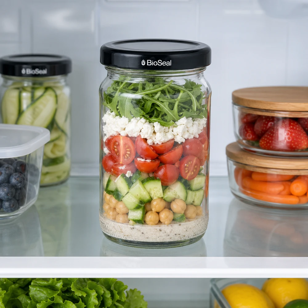 UNiTWIST Runda110 salada em camadas no frigorífico com tampa preta TO48 BioSeal - Frasco de preparação de refeições para ingredientes frescos