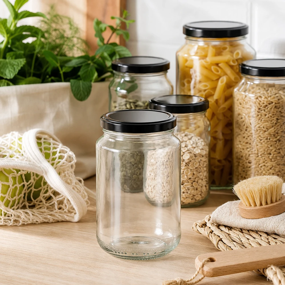 Frasco redondo de 375 ml com tampa preta num ambiente de cozinha sustentável entre frascos de arrumação com massas e cereais