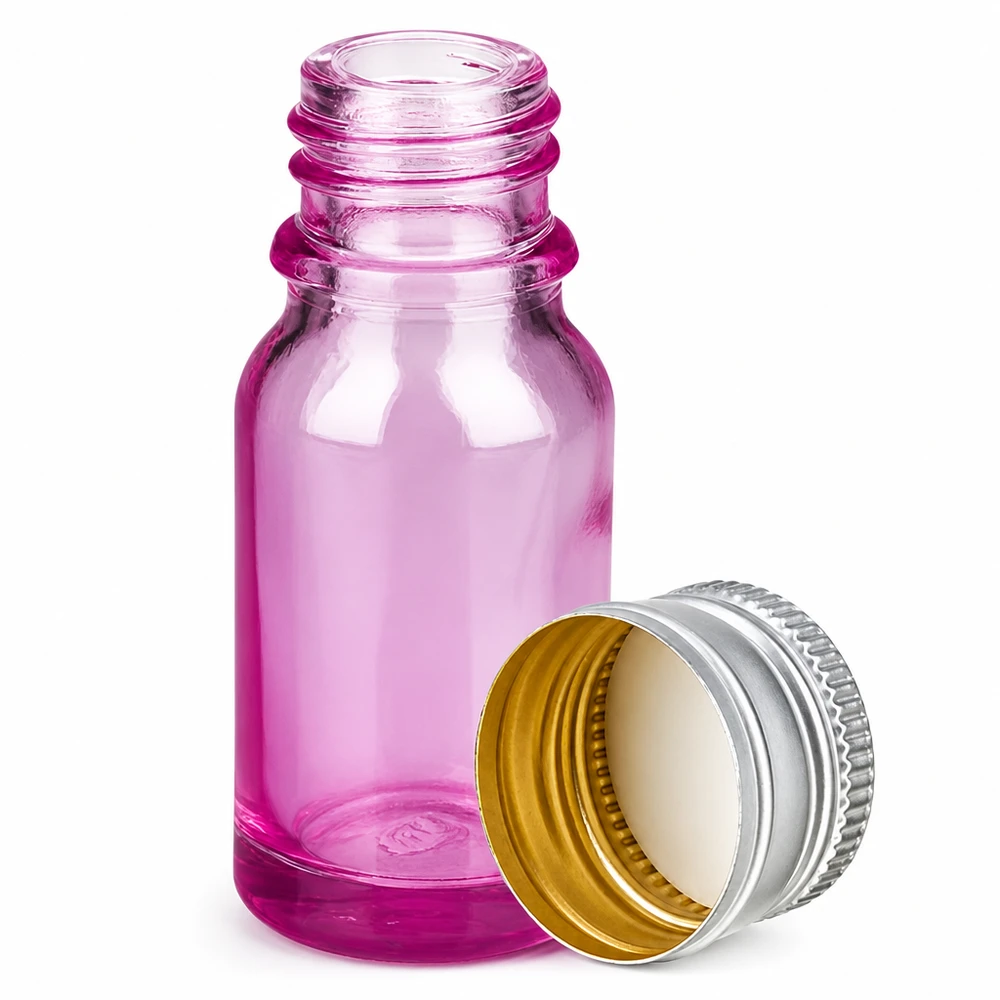 Frasco de vidro violeta de 10 ml com rosca de 11 mm e tampa de alumínio prateada para aromaterapia