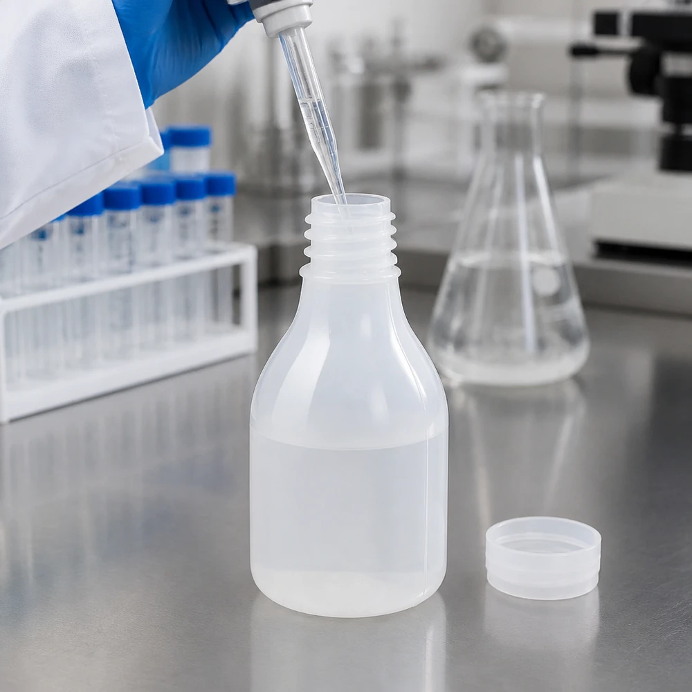 Frasco de laboratório de gargalo estreito de 30 ml, sem tampa, durante o enchimento com uma pipeta de microlitros no laboratório