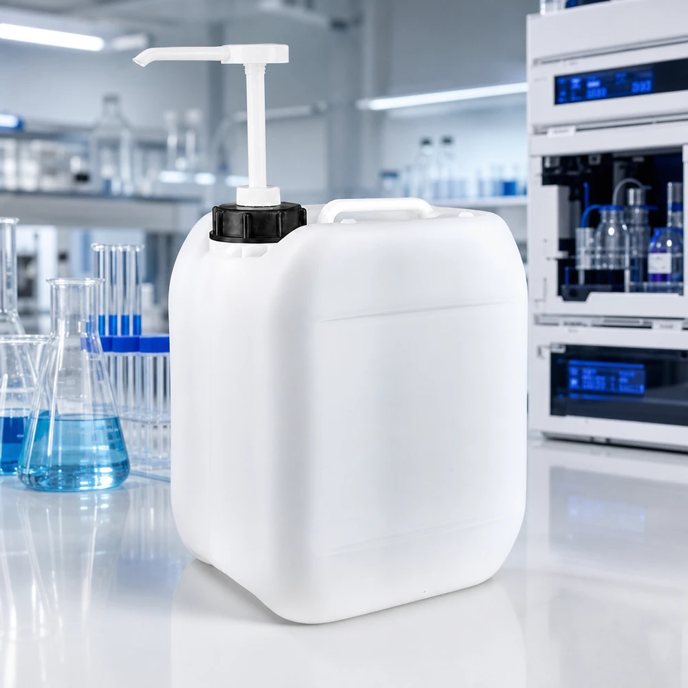 Recipiente retangular de HDPE de 5 L com bomba dosadora num ambiente de laboratório moderno, com frascos de Erlenmeyer