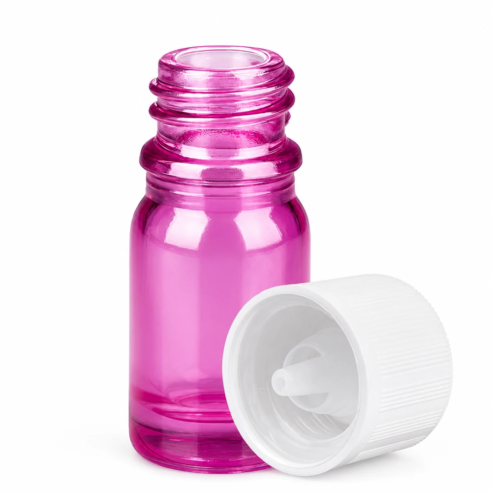 Frasco de vidro pequeno de 5 ml com conta-gotas de cor púrpura para óleos essenciais