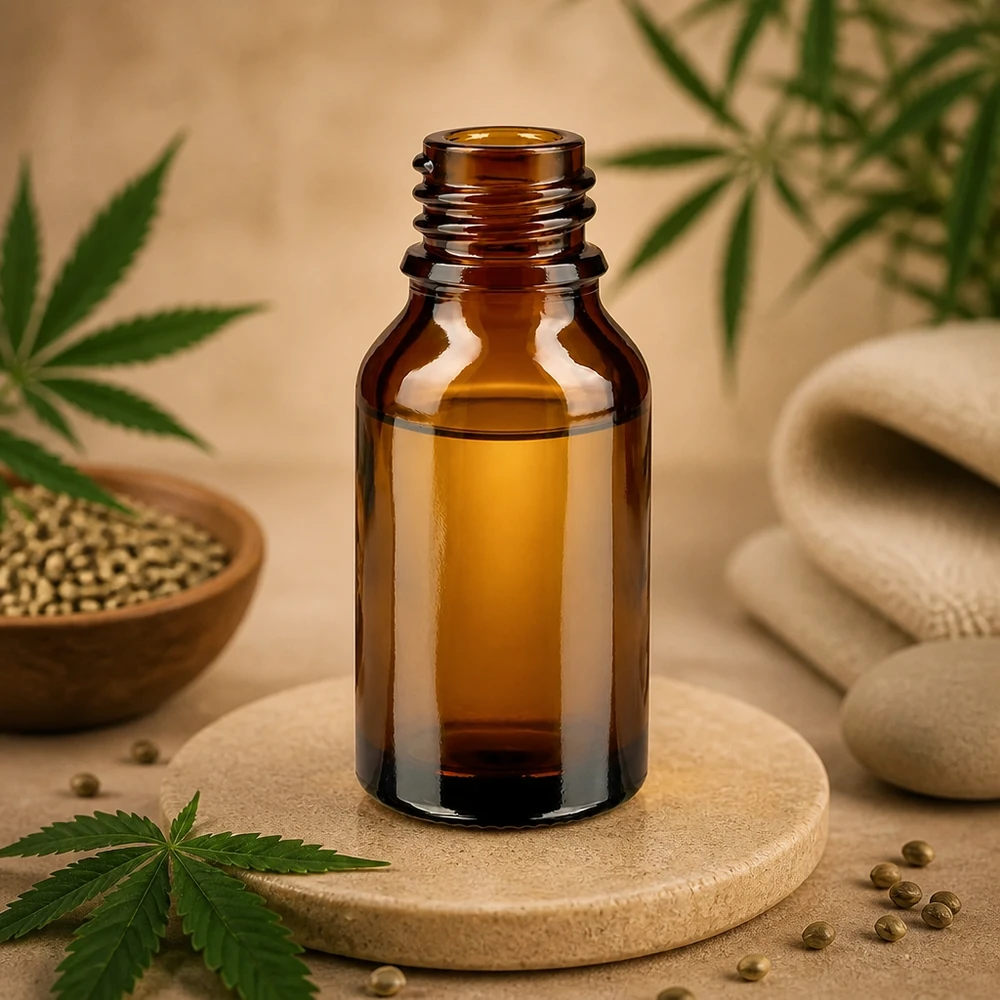 Frasco conta-gotas 30 ml DIN 18 vidro âmbar HOHE FORM Frasco de farmácia castanho de 30 ml em formato alto ApoGlas em base para copos de madeira com óleos naturais de sementes de cânhamo de canábis para o bem-estar
