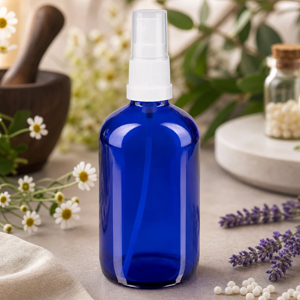 Frasco pulverizador azul de 100 ml, em vidro com proteção UV, com bico pulverizador branco, para óleos essenciais e hidrolatos
