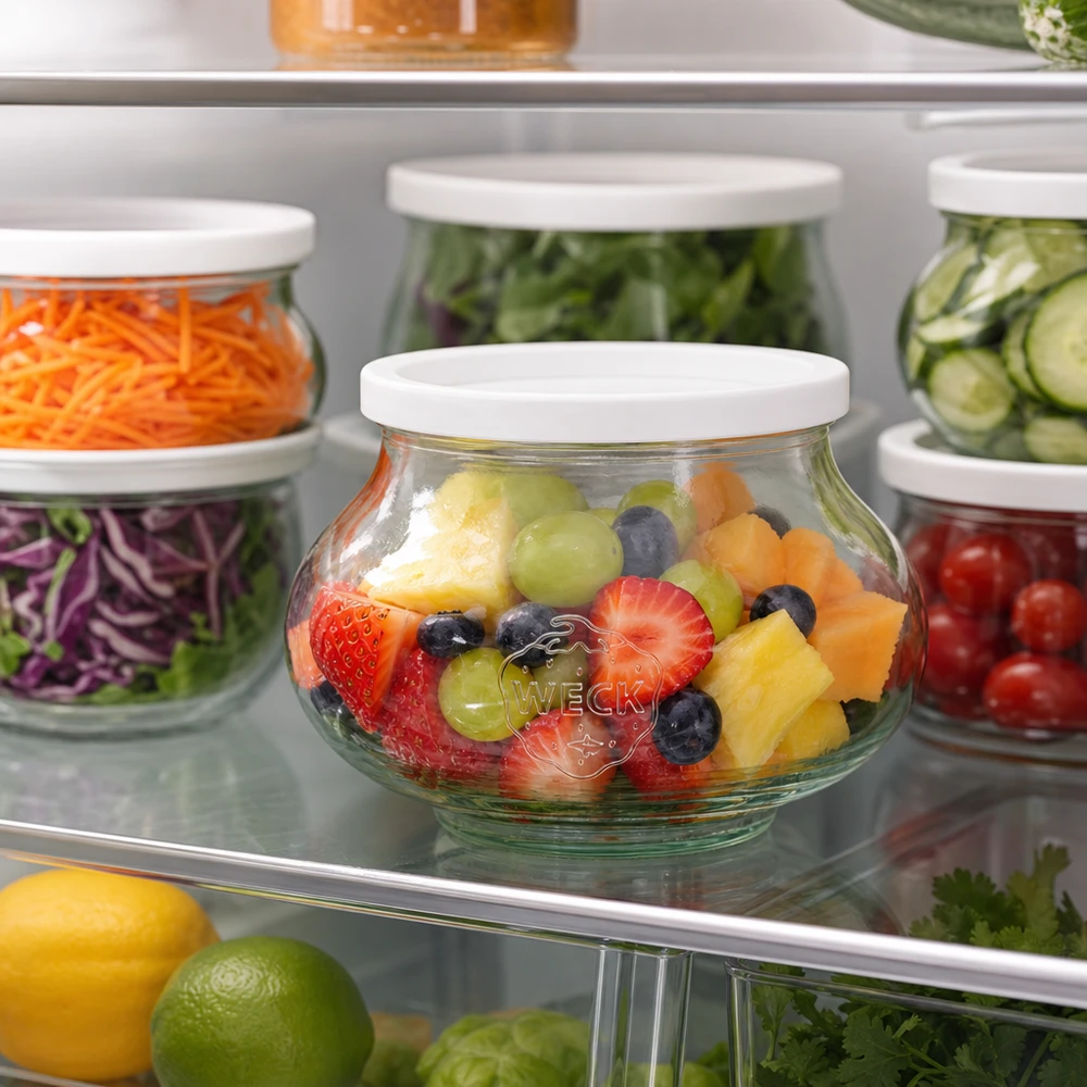 Frasco decorativo WECK 560ml RR80 com salada de frutas no frigorífico ao lado de outros frascos de arrumação com legumes e salada