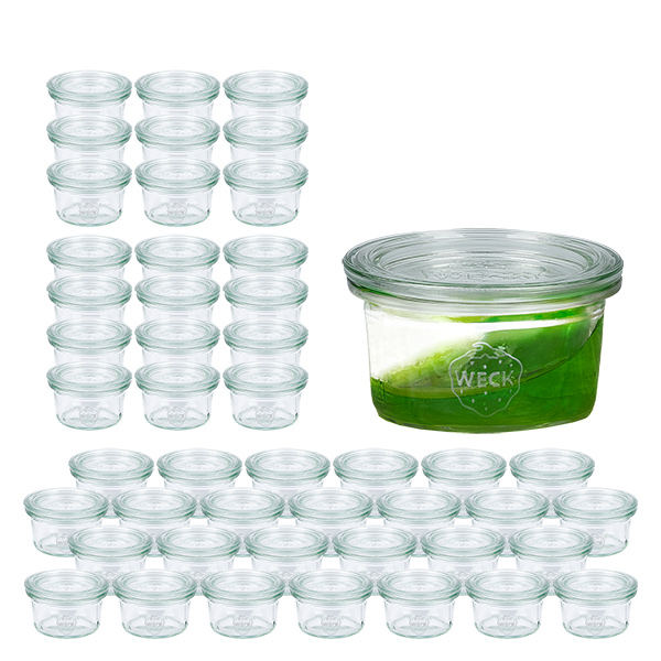 Conjunto de 48 copos de vidro Weck 50ml com 48 tampas de vidro Conjunto de 48 copos de vidro Weck 50ml com 48 tampas de vidro