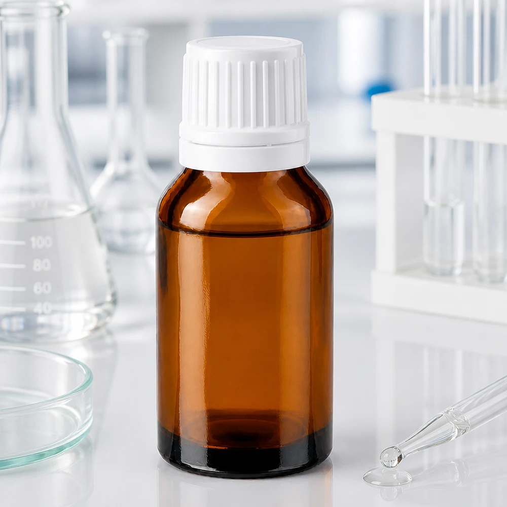 Frasco de farmácia castanho 30ml tampa de rosca branca fecho inviolável Frasco de farmácia de 30 ml em vidro castanho com tampa conta-gotas branca, utilizado em ambiente de laboratório
