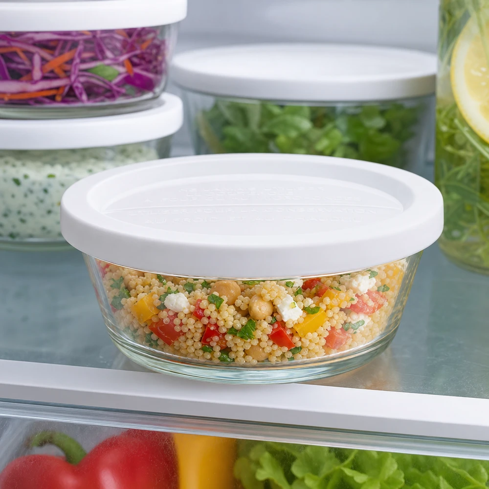 Frasco gourmet WECK RR120 de 300 ml no frigorífico, cheio de salada de cuscuz colorida, juntamente com outros recipientes de arrumação